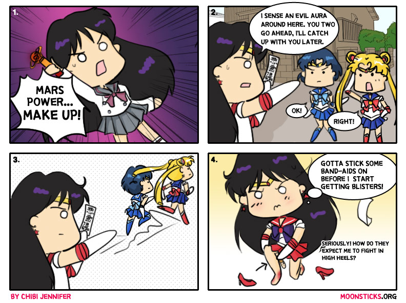 MoonSticks #67 The Fiery Pain of a Sailor Soldier comic strip featuring Rei Hino/Sailor Mars, Ami Mizuno/Sailor Mercury and Usagi Tsukino/Sailor Moon