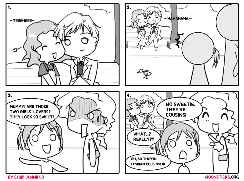 MoonSticks Sailor Moon Comic #9 - Haruka & Michiru Lesbian Cousins Gone Wrong featuring Haruka Tenou/Sailor Uranus and Michiru Kaiou/Sailor Neptune. A parody comic about Sailor Uranus and Neptune being called cousins instead of lesbians.
