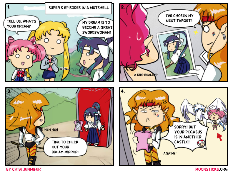 Sailor Moon SuperS Comic strip 'Every Episode of Sailor Moon SuperS', featuring Usagi Tsukino/Sailor Moon, Chibiusa/Sailor Chibimoon, TigersEye, HawksEye and Pegasus. A fun parody comic about the same formula used for all the filler episodes of the season.