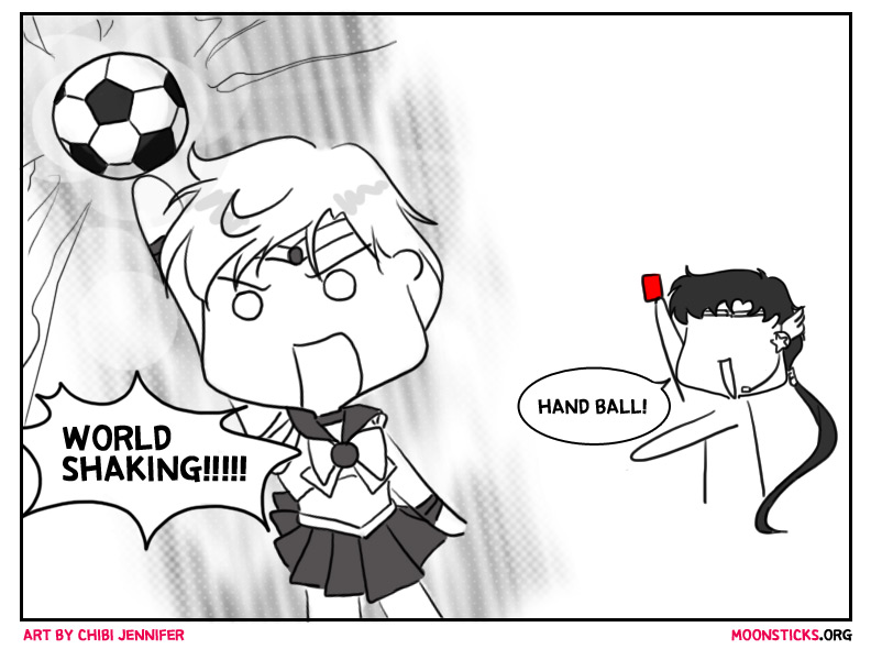 Sailor Uranus playing soccer, with Seiya as the referee
