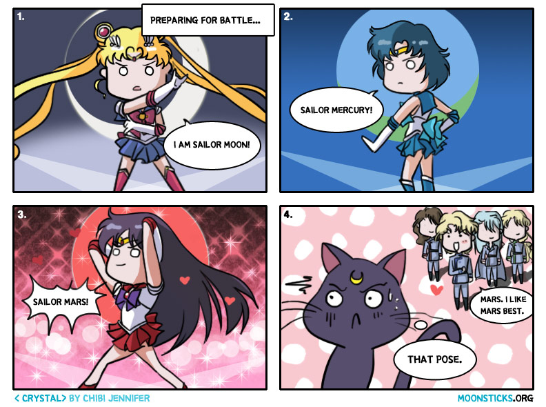 Sailor Moon Crystal Parody Comic Strip 'Posing for Battle' featuring Sailor Moon, Sailor Mercury, Sailor Mars, Luna and the Shitennou of the Dark Kingdom. A hilarious look at their elaborate introduction poses.