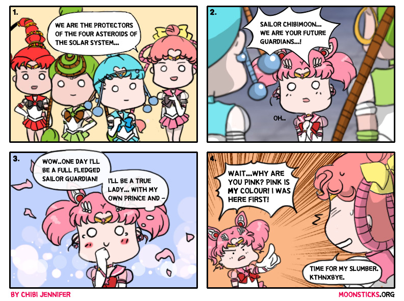 Sailor Moon Eternal comic strip: Sailor Chibimoon and her Asteroid Senshi/Sailor Quartet: Sailor Ceres, Sailor Pallas, Sailor Juno and Sailor Vesta