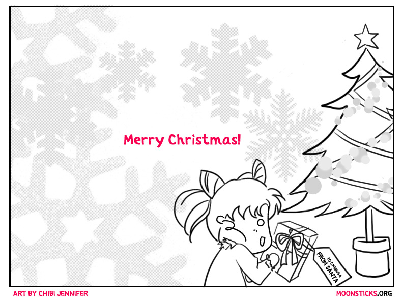 Chibiusa opening presents under a Christmas tree